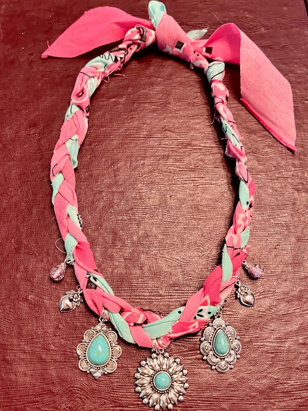 Flirty Boho Braided Pink & Mint Bandana Turquoise Pendant Necklace, 30” - Picture 6 of 6